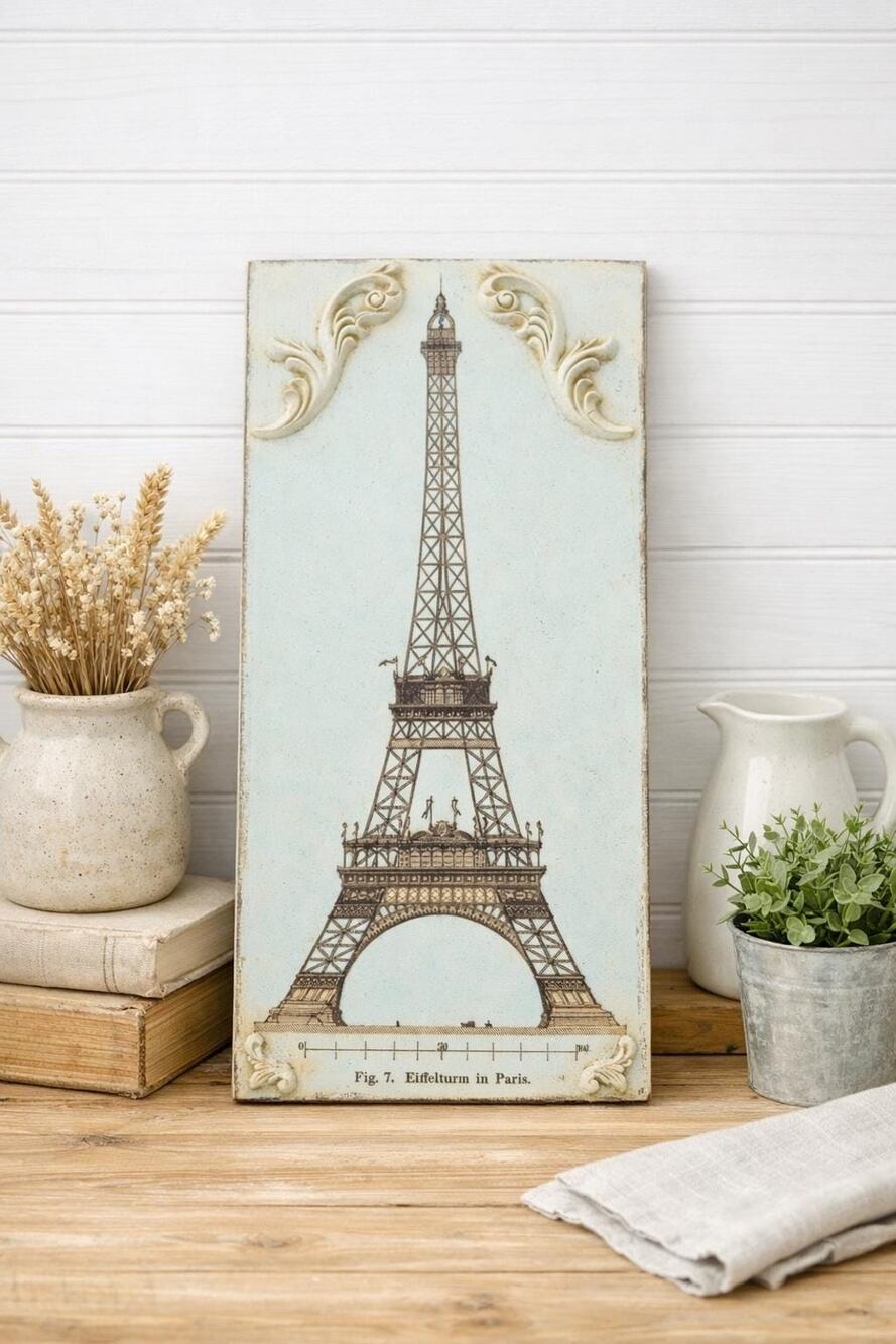 Eiffel Tower Vintage Plaque Wall Decor - French Country Blue Upcycled Wood